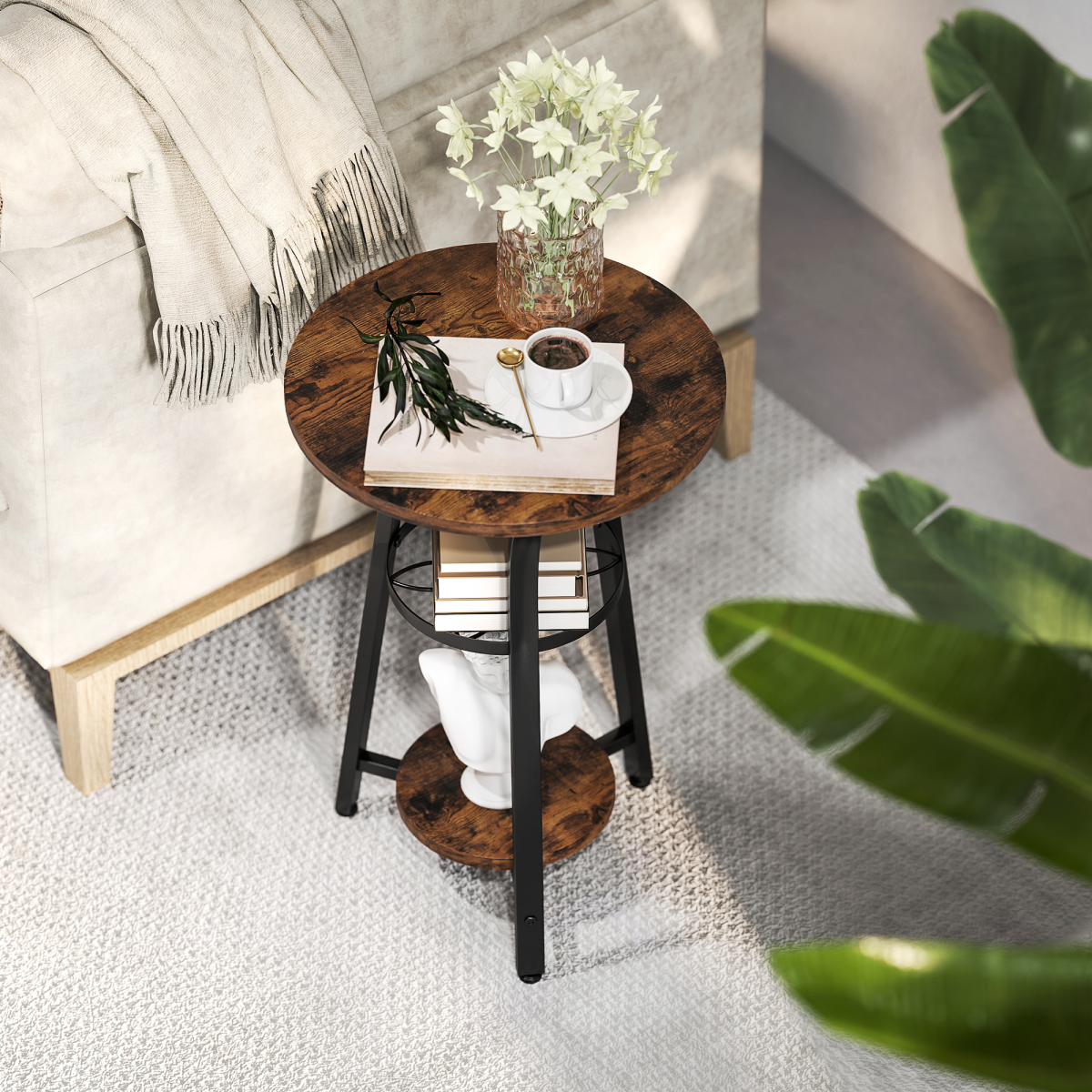 HOMCOM 38 cm Round 3-Tier Industrial Side Table, Rustic Brown
