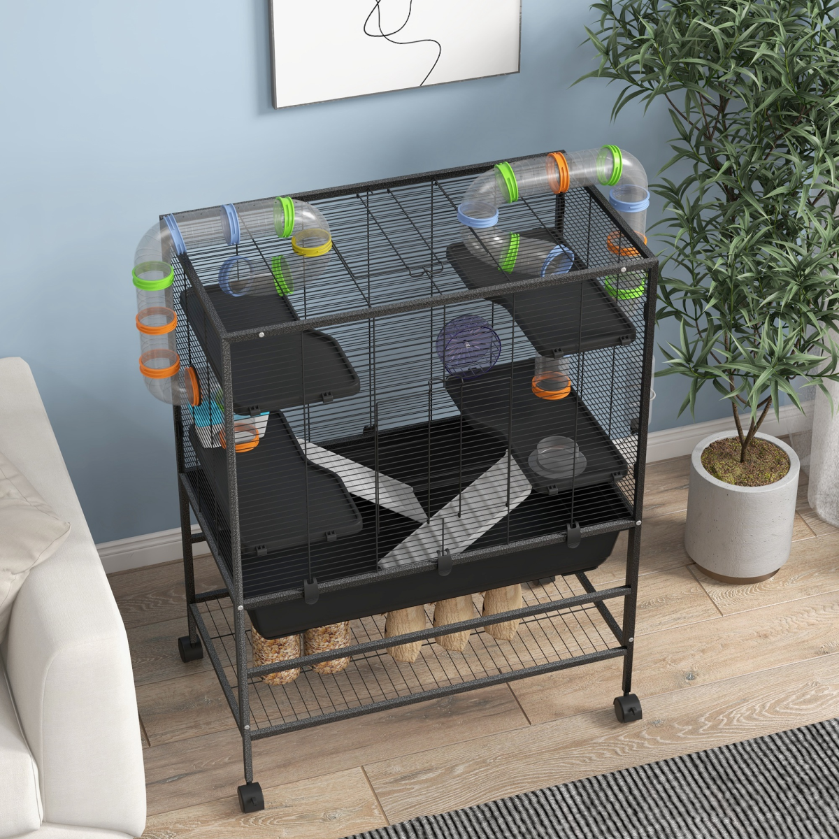 PawHut Large Hamster Cage with Wheels, Tubes, Shelves & Ramps