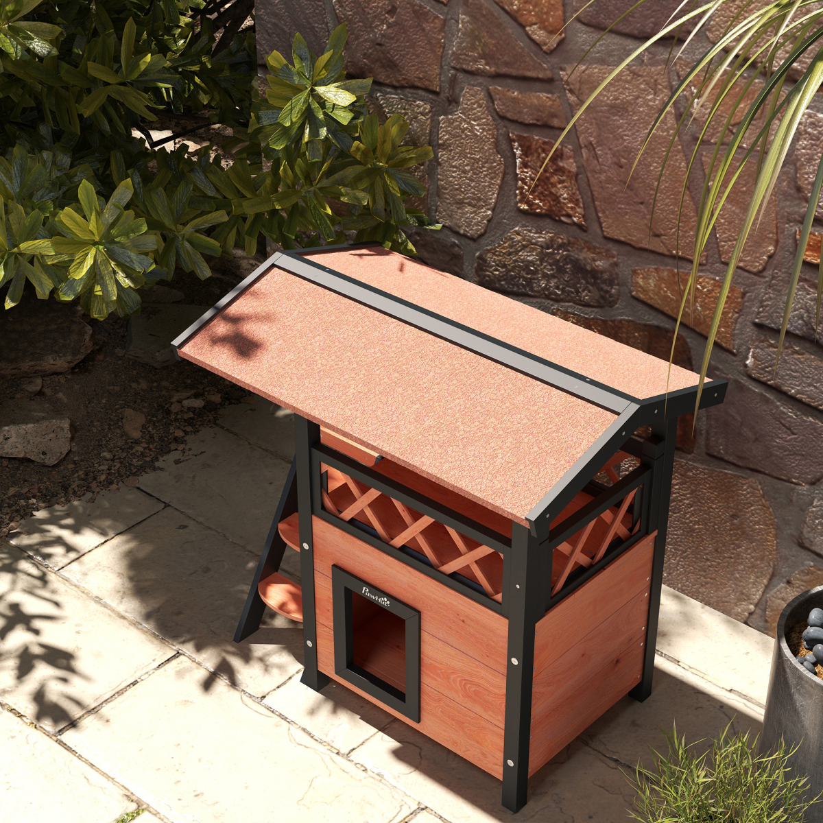 PawHut Outdoor Fir Wood Cat House with Balcony, Stairs & Roof