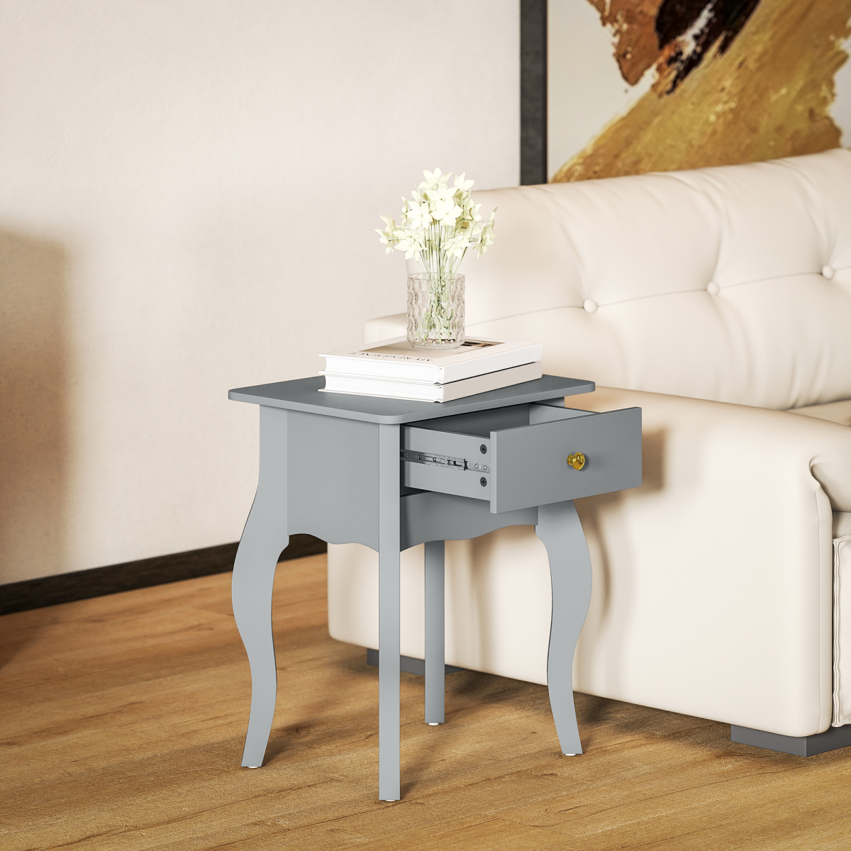 HOMCOM French Style Grey Side Table with Drawer, Curved Legs