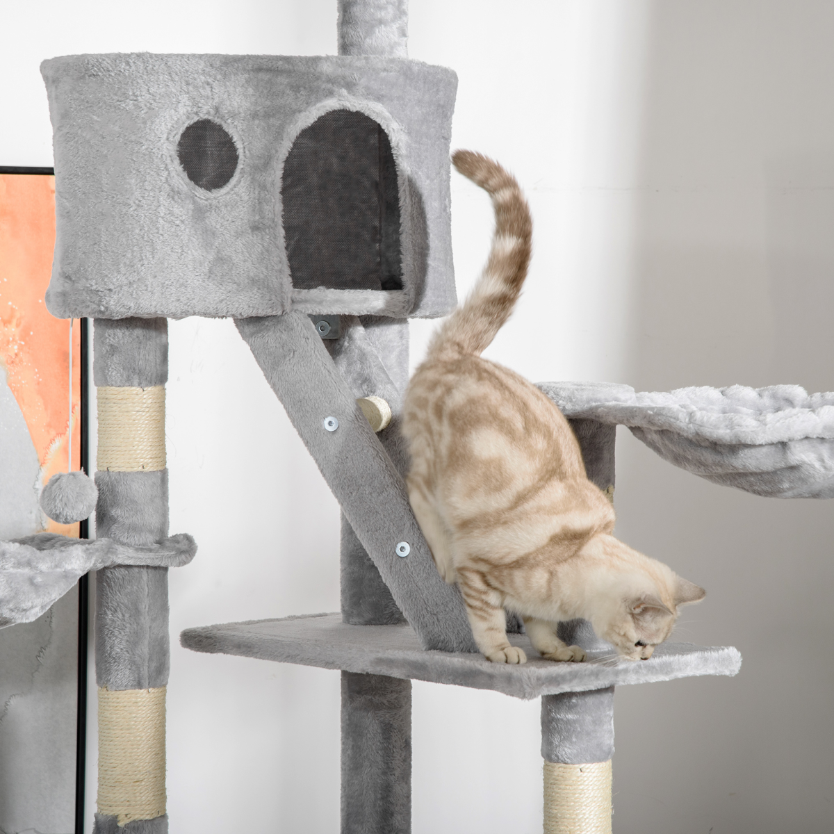 PawHut Adjustable 240-260cm Floor to Ceiling Cat Tree with 2 Cat Houses, 2 Ramps, 2 Hammocks, Tunnel, Toy Balls and Scratching Posts
