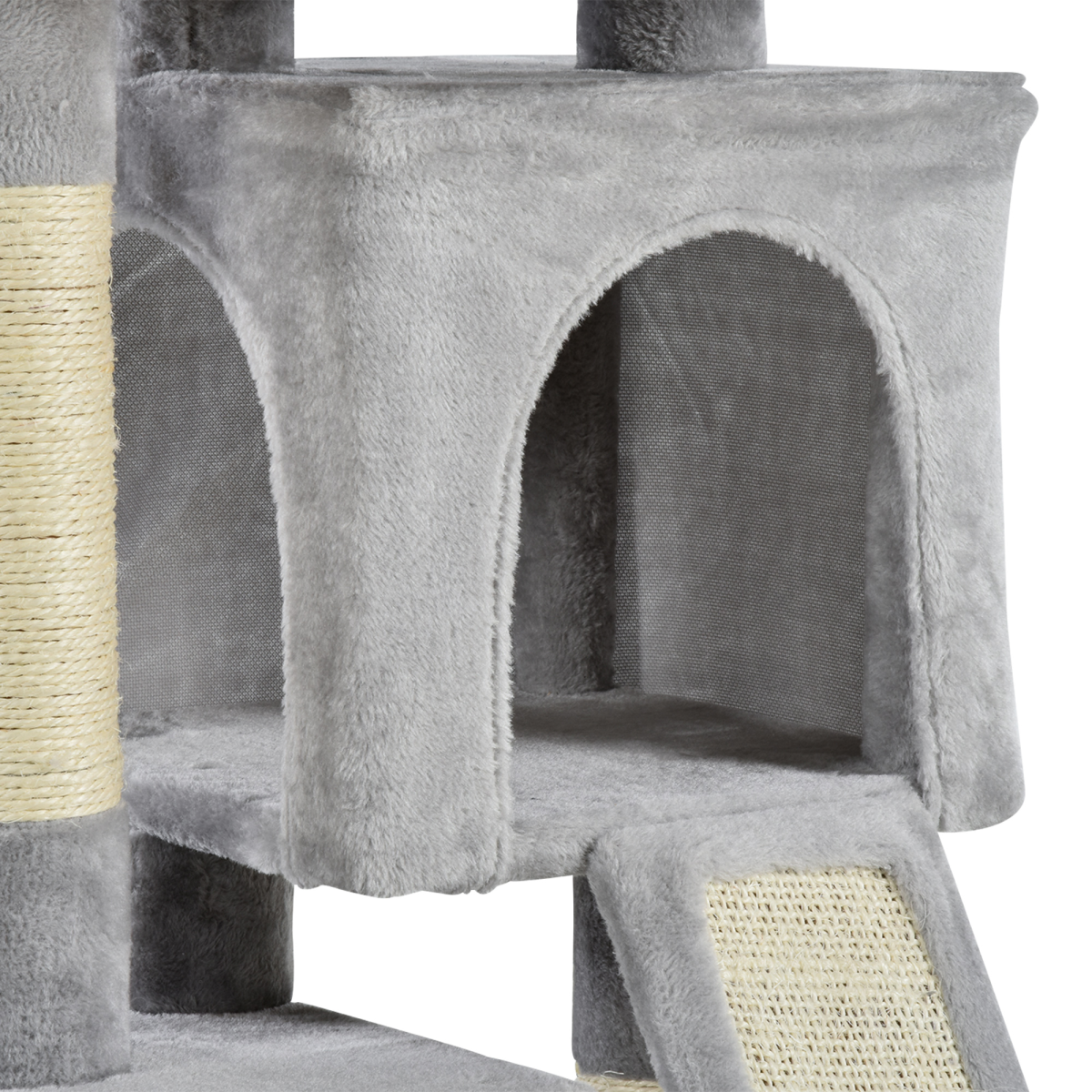 PawHut Cat Activity Tree with 2 Houses, Cushioned Top Perch, Sisal Scratching Posts, Grey