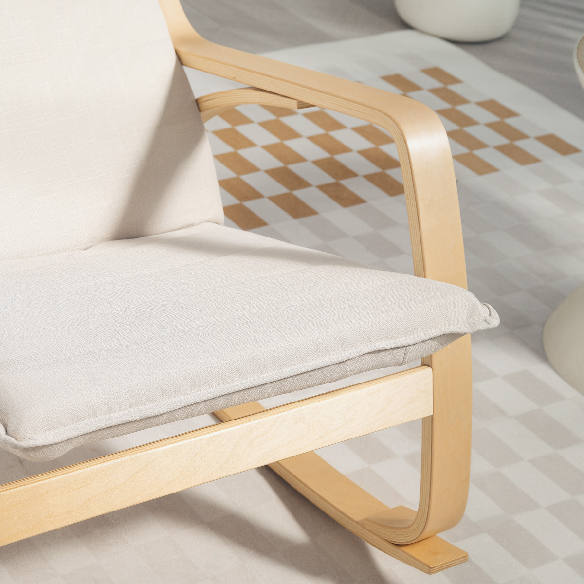 HOMCOM Cream White Linen-Feel High Back Rocking Chair with Headrest
