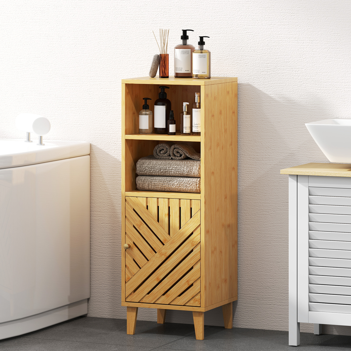 HOMCOM Narrow Bamboo Bathroom Storage Cabinet with Open Compartments