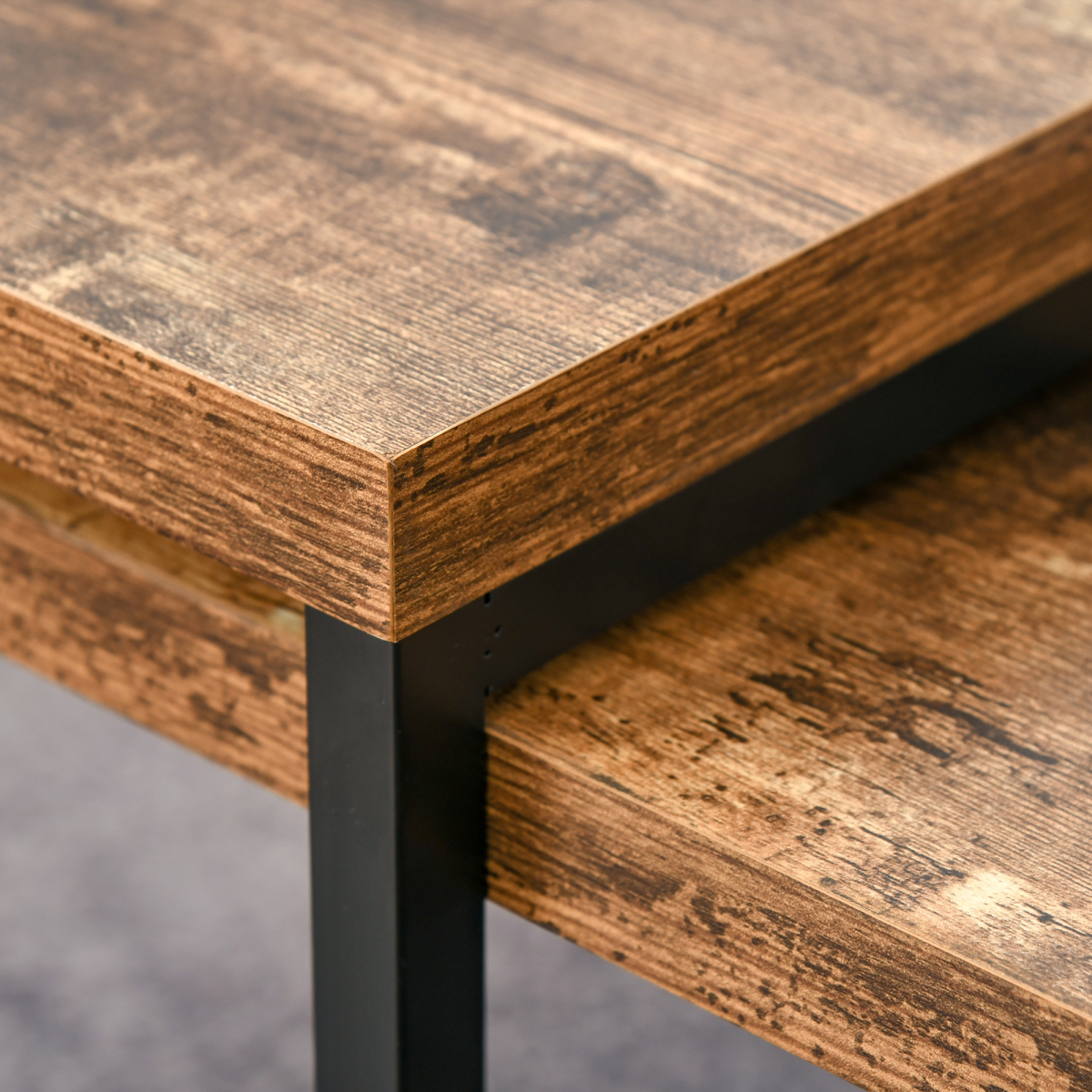 Set of 2 Nesting Coffee Tables, Wood Grain Finish, Black Base