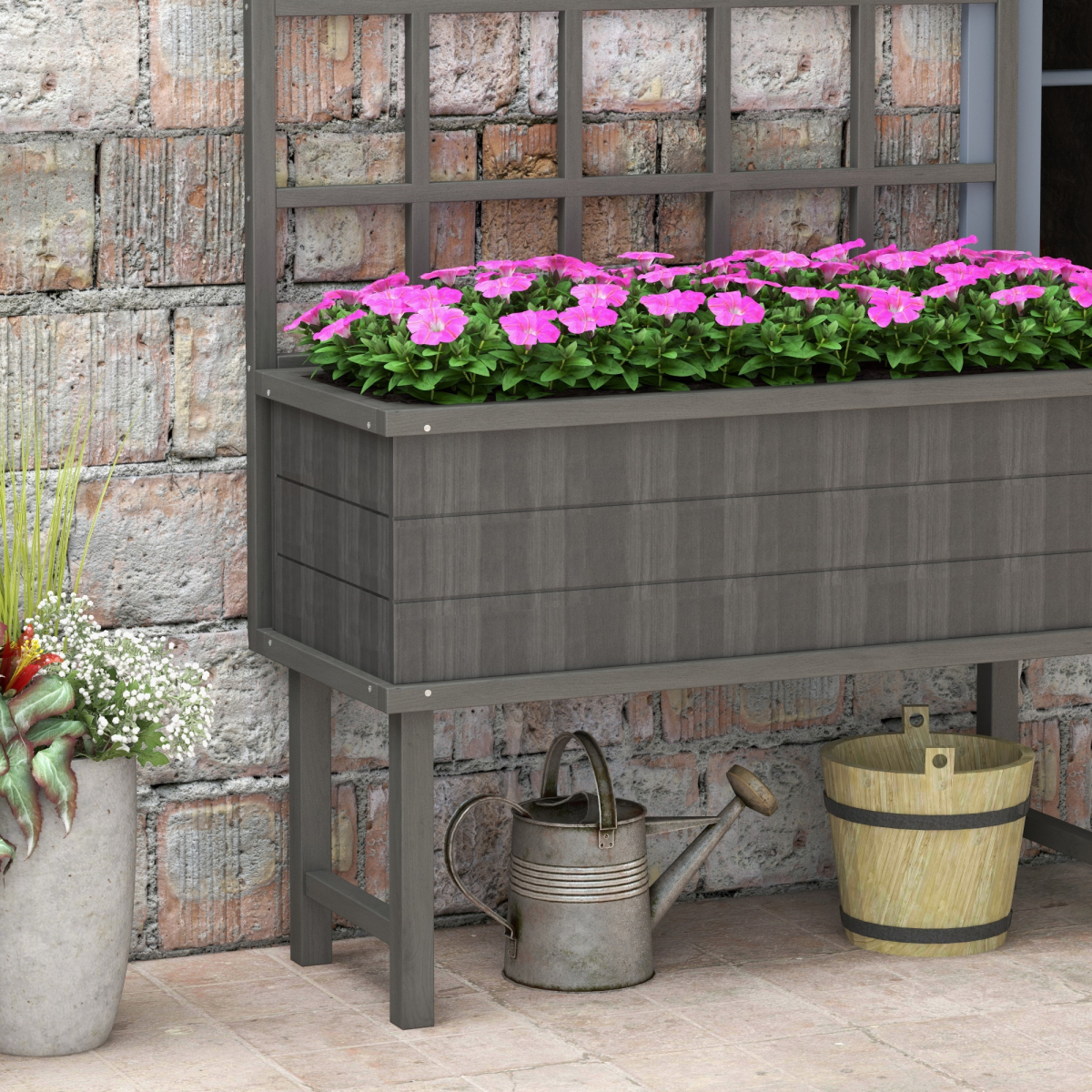 Outsunny Wood Raised Planter with Trellis, Drain Holes, Elevated Garden Bed, Grey