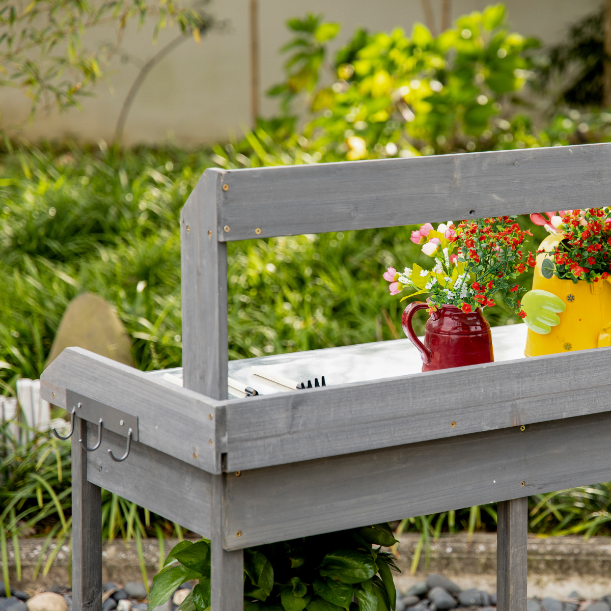 Outsunny Garden Potting Workstation Bench with Galvanized Metal Tabletop, Drawer, Shelves and Tool Hooks