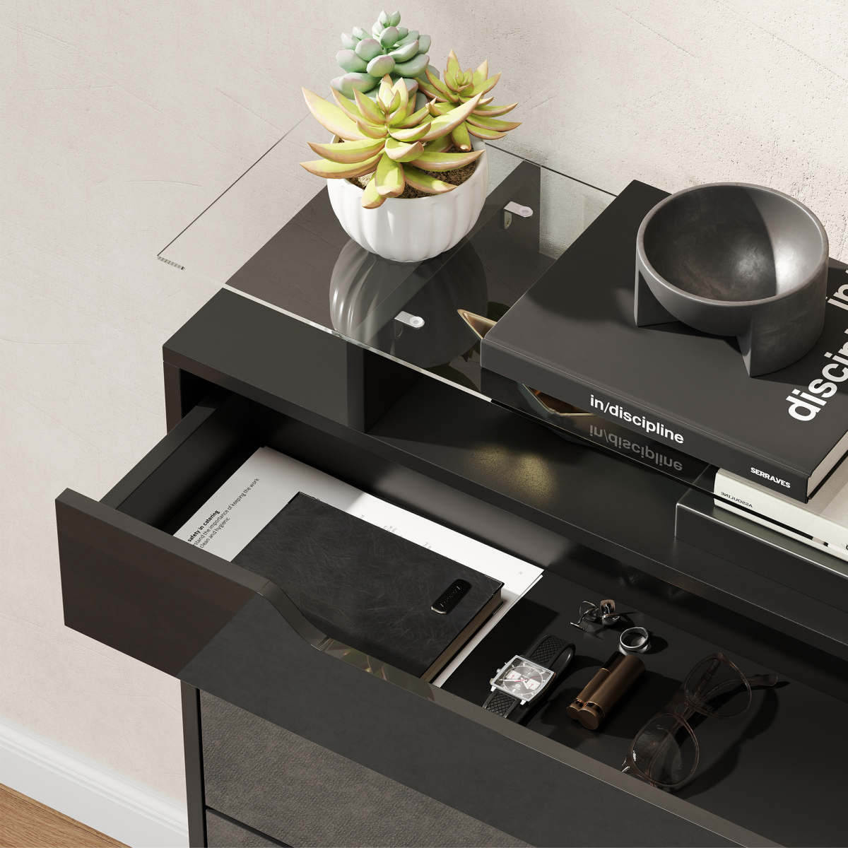 HOMCOM Slim Shoe Cabinet with Glass Top, 2 Flip Drawers, Black