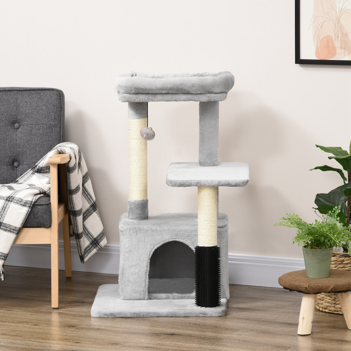 PawHut Cat Tree Climbing Activity Center with Sisal Scratching Surface, Multi-Level Design, Soft-Padded Bed, Hanging Toy, Washable Top Bed
