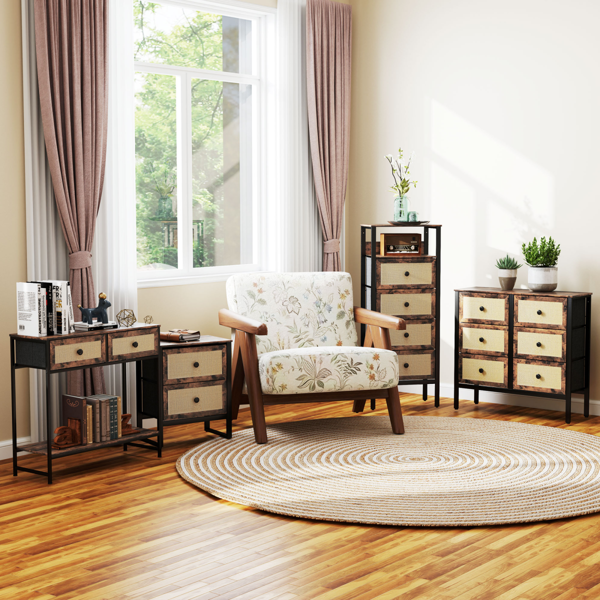HOMCOM Rustic Brown Bedside Table with 2 Rattan Drawers, Steel Legs
