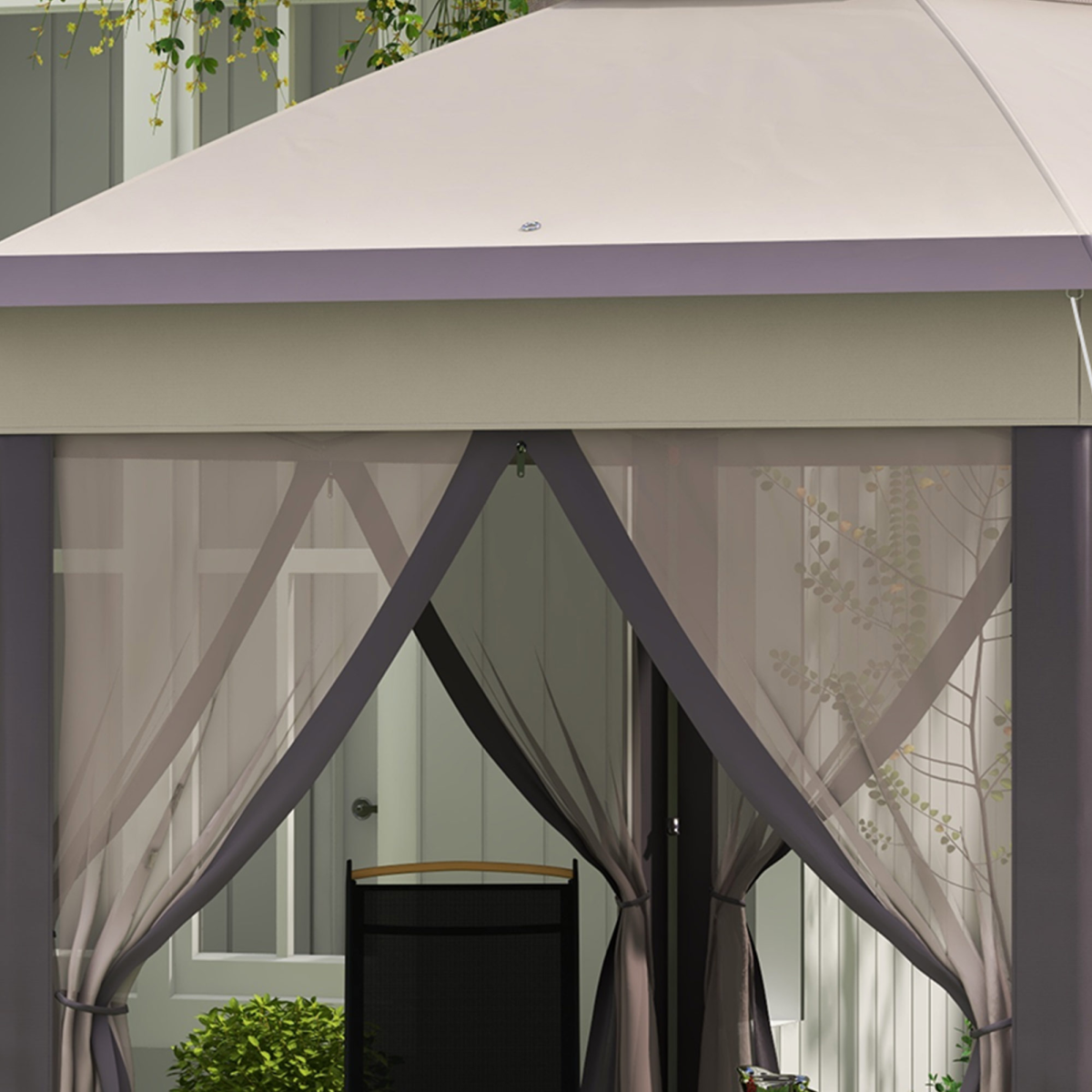 Outsunny 4.05m Metal Frame Mesh Curtain Gazebo with 2-Tier Roof Brown