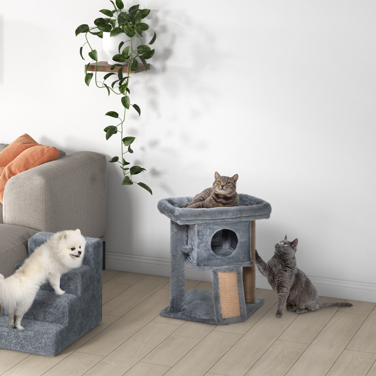 Grey Cat Tree Activity Centre with Scratching Pad, Toy Ball, Cat House and Top Perch