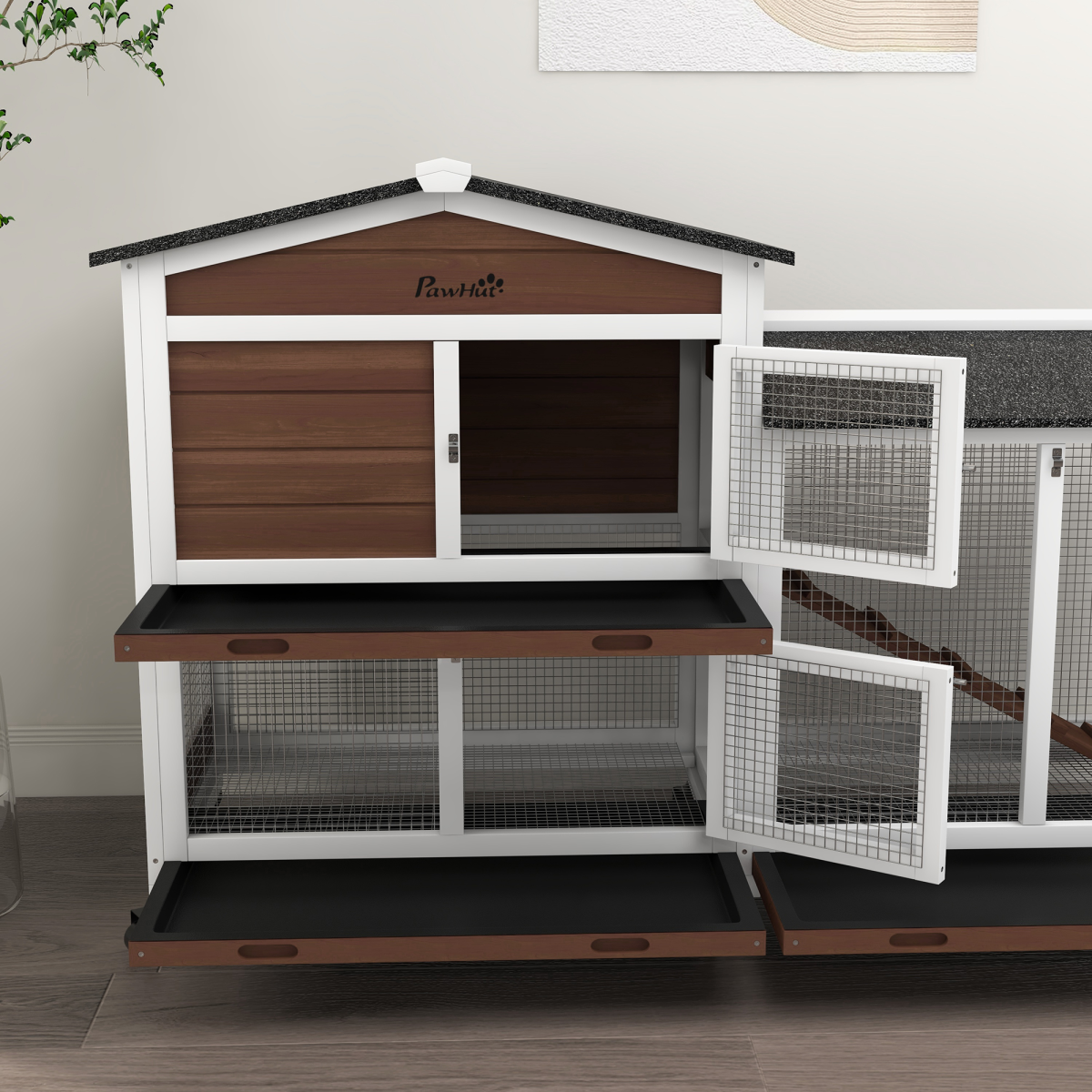 PawHut Wooden Rabbit Hutch with Wheels, Run and Ramp, Brown