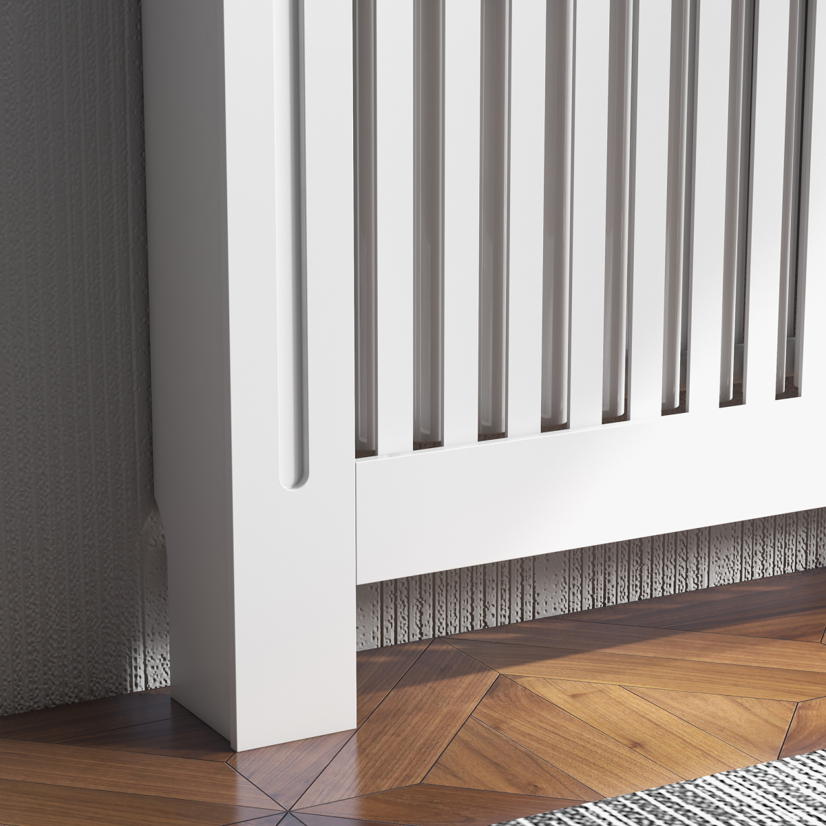 Radiator Cover Cabinet Painted Slatted MDF with Shelf, Lined Grill, 112 x 19 x 81 cm
