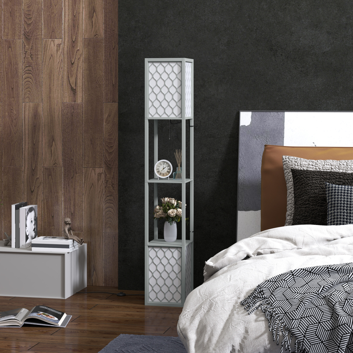 HOMCOM 2-Light Modern Floor Lamp with Shelves, Light Grey