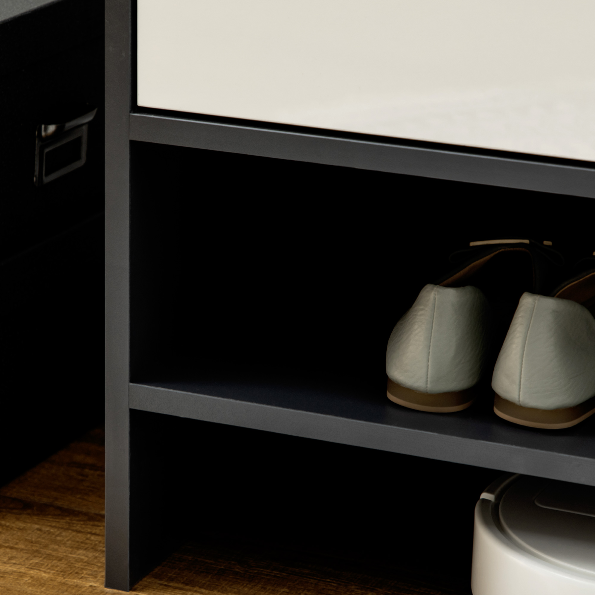 Modern White Shoe Cupboard for Hallway with Open Shelves and Adjustable Shelving