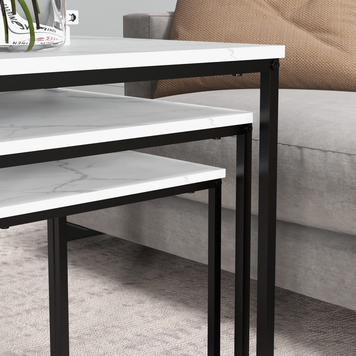 HOMCOM Set of 3 Nesting Coffee Tables, White Marble Effect