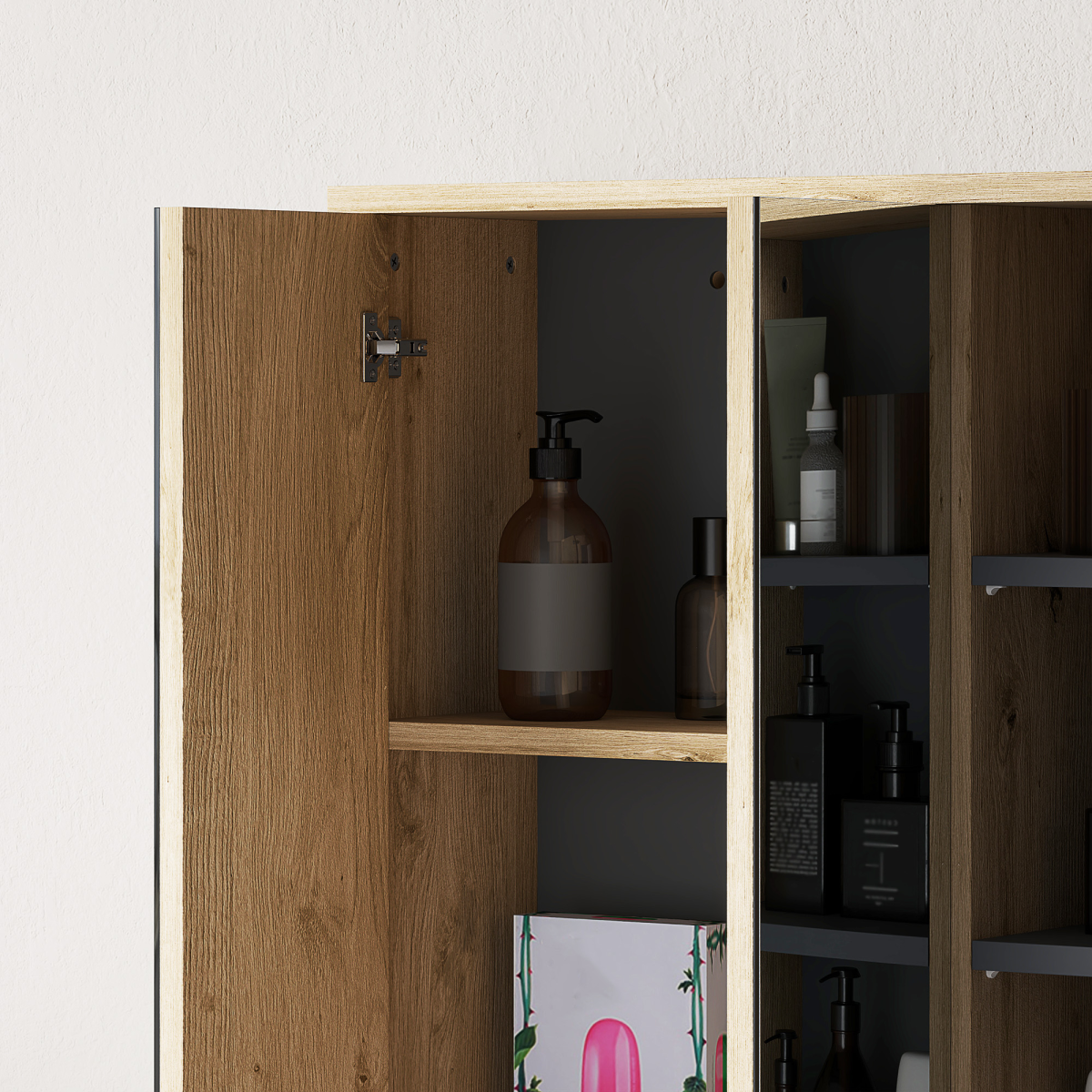 HOMCOM Wall Mounted Bathroom Mirror Cabinet with 5 Shelves, Natural