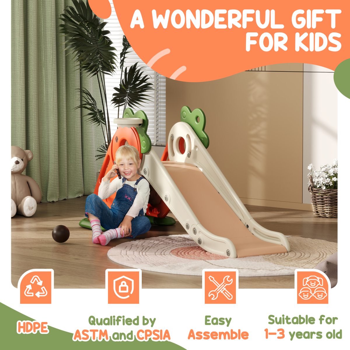 AIYAPLAY 3-in-1 Carrot Kids Indoor Slide with Basketball Hoop, Foldable
