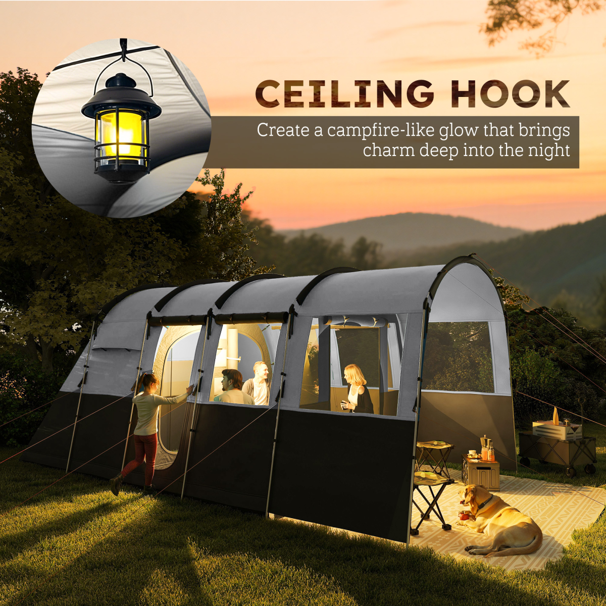 8-Person Camping Tent Tunnel Design with 4 Large Windows Dark Grey