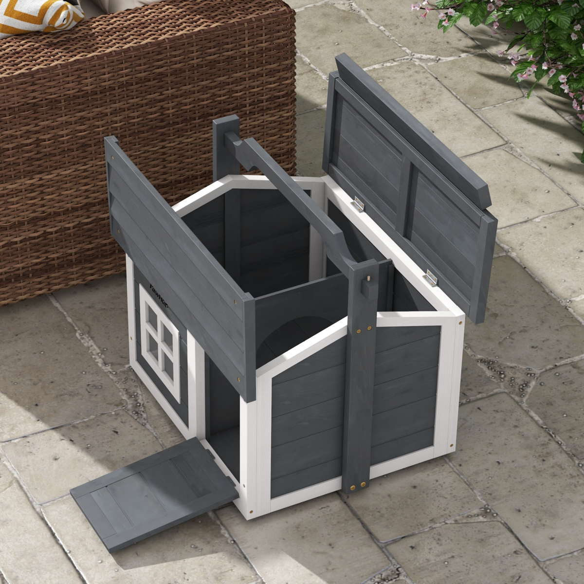 PawHut Indoor Outdoor Rabbit Hutch with Openable Roof - Grey