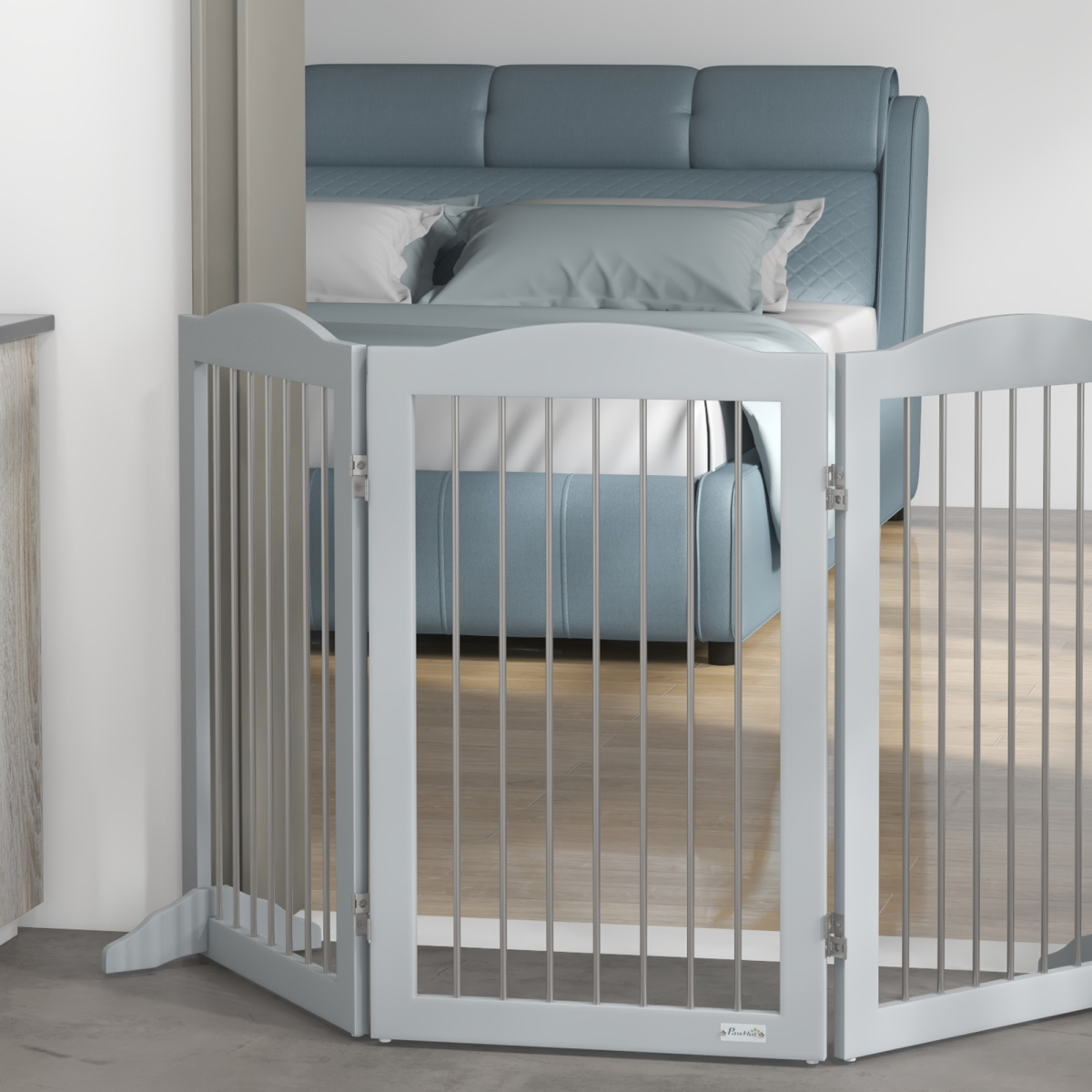 PawHut Foldable Freestanding Dog Gate with 2 Support Feet, Grey
