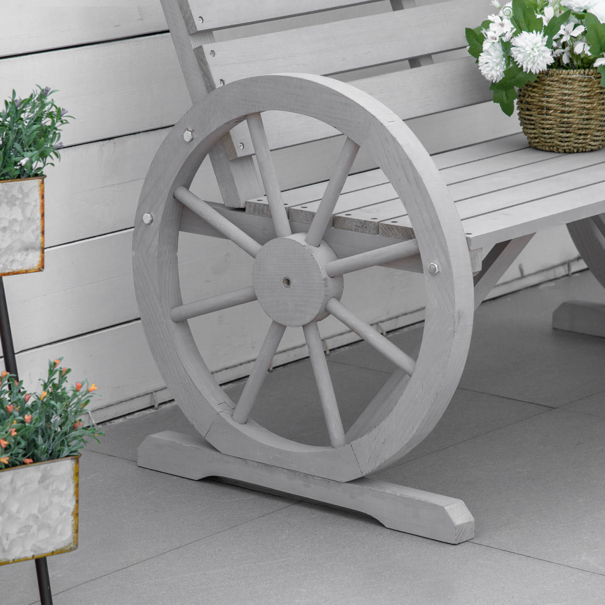 Outsunny 2-Seater Solid Fir Wood Garden Bench with Wagon Wheel Armrests, High Back, Grey
