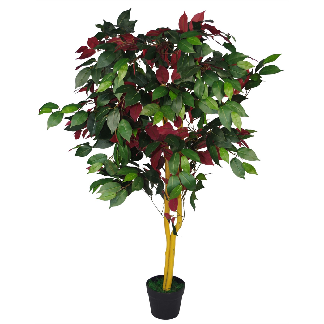 Leaf 120cm Artificial Capensia Ficus Tree Plant with Real Wood Trunk, Red and Green Foliage