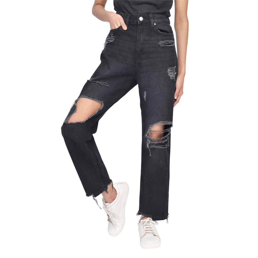 M17 Torn Hem Rip High Waisted Mom Jeans Black