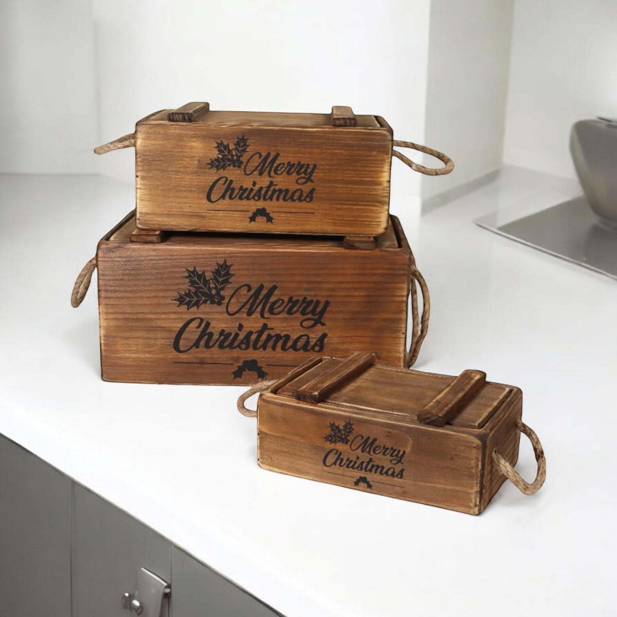 Set of 3 Hand Finished Wooden Christmas Boxes with Lids