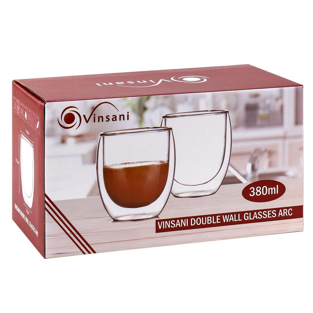 Vinsani Double Wall Glasses Set of 2, Borosilicate Glass, Dishwasher Safe, for Hot and Cold Drinks