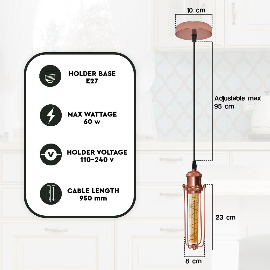 Single Rose Gold Ceiling E27 Pendant Light with Wire Cage, Industrial Vintage Hanging Lamp Fixture