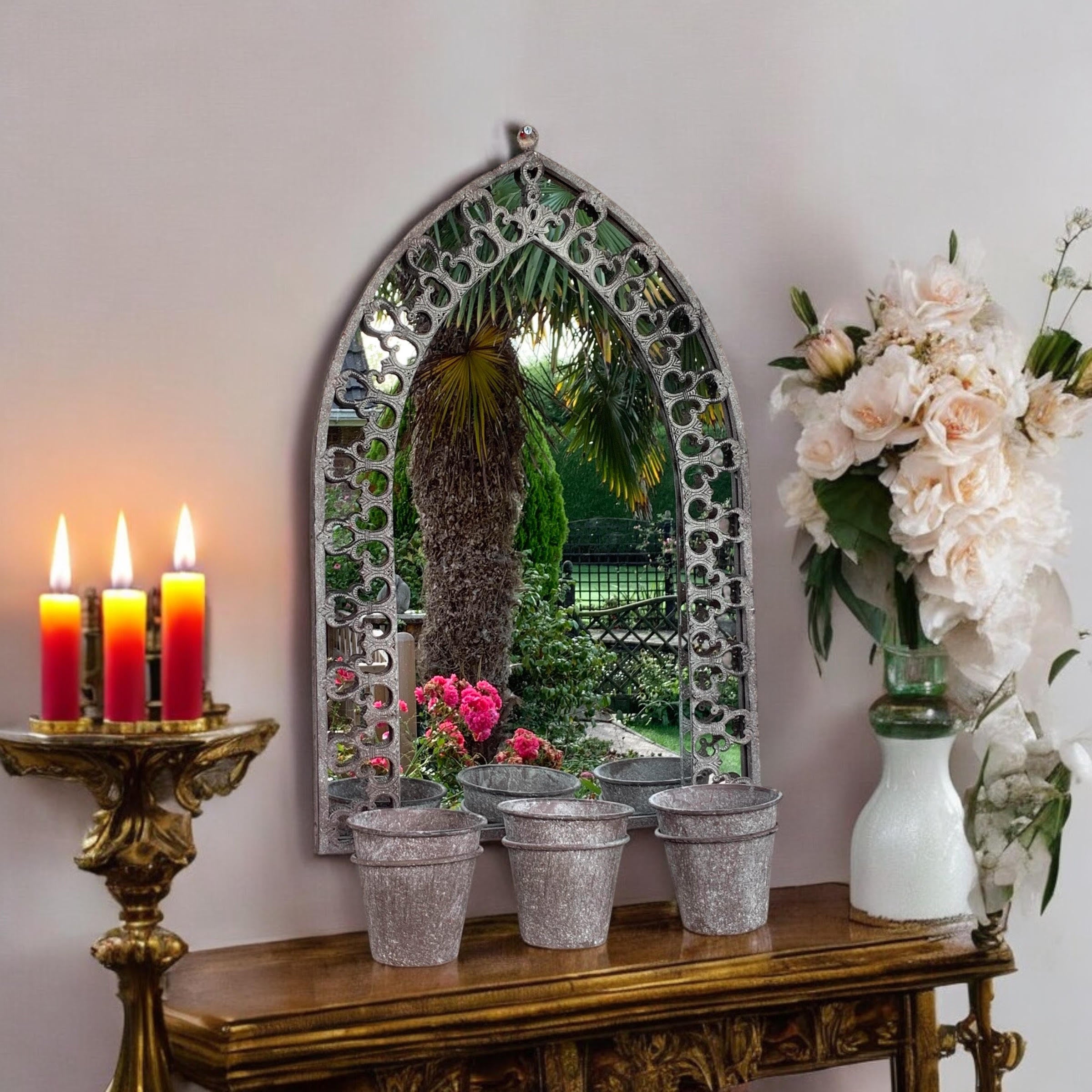 MSL 78cm Rustic Wall Mirror with 3 Planter Holders and Pot