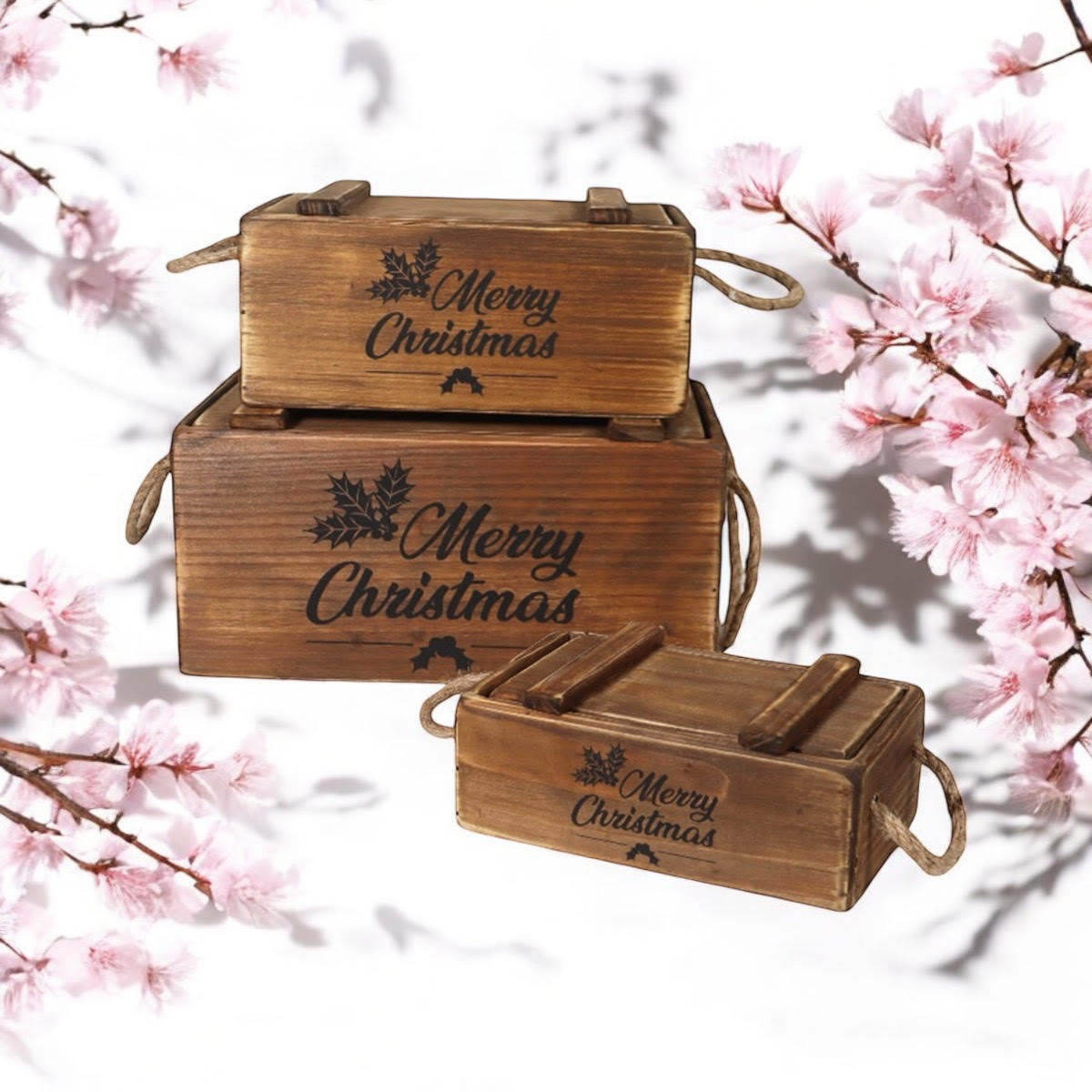 Set of 3 Hand Finished Wooden Christmas Boxes with Lids