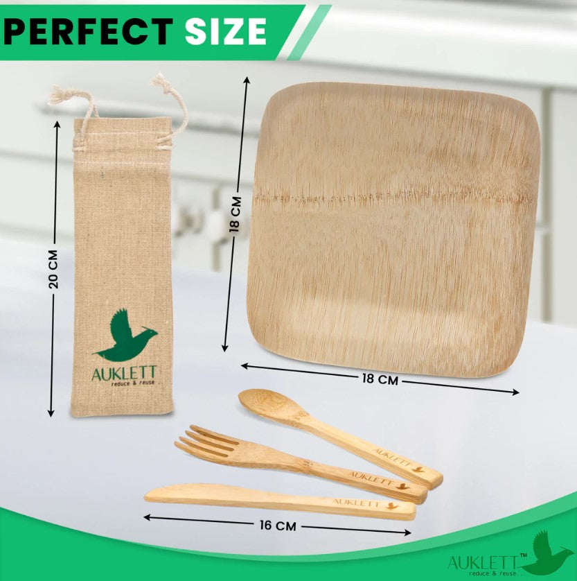 Reusable Bamboo Cutlery With Bamboo Plates And Travel Pouch