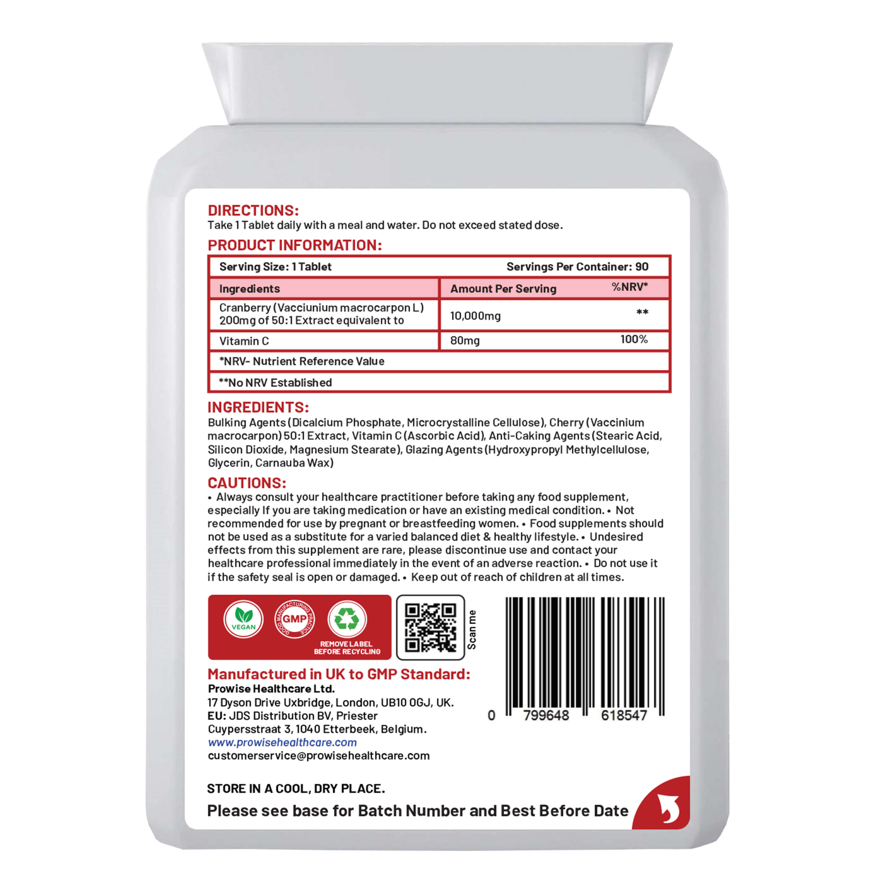 Prowise Cranberry 10,000mg Tablets with Vitamin C 80mg
