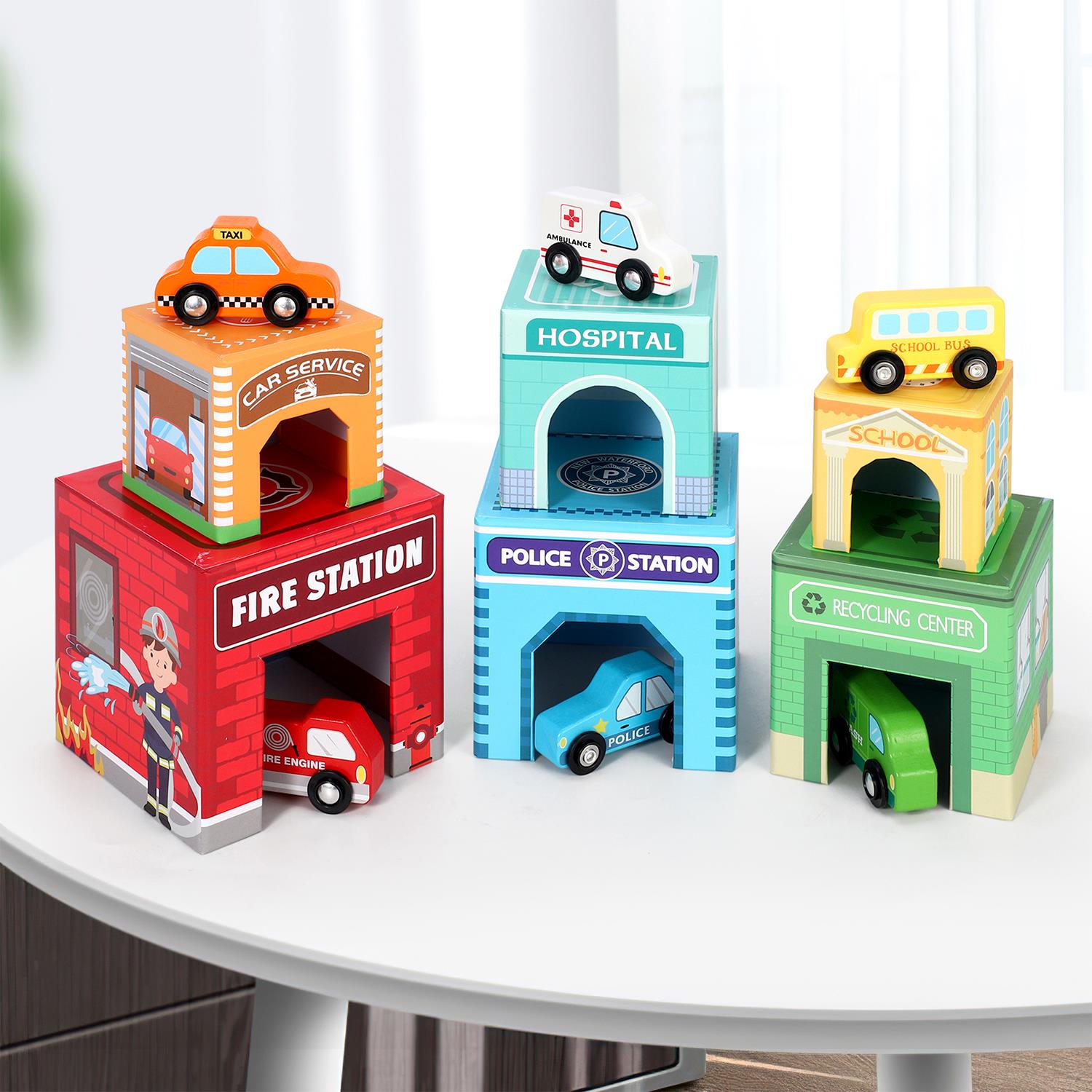 SOKA Stacking Cube Toy Playset with 6 Vehicles
