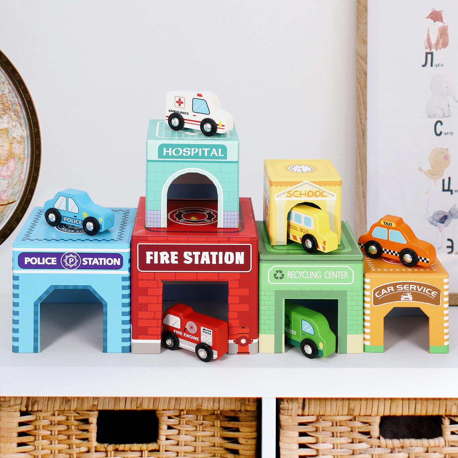 SOKA Stacking Cube Toy Playset with 6 Vehicles