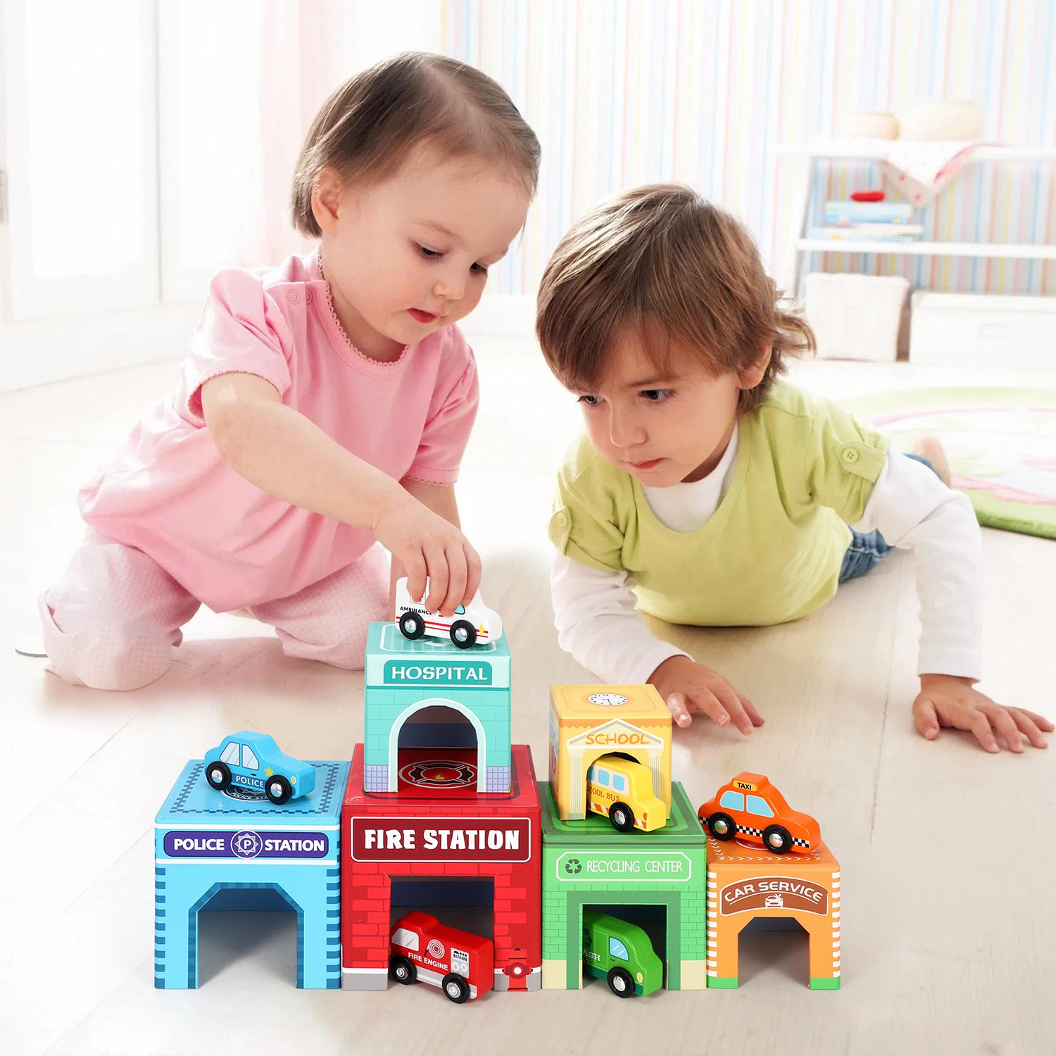 SOKA Stacking Cube Toy Playset with 6 Vehicles