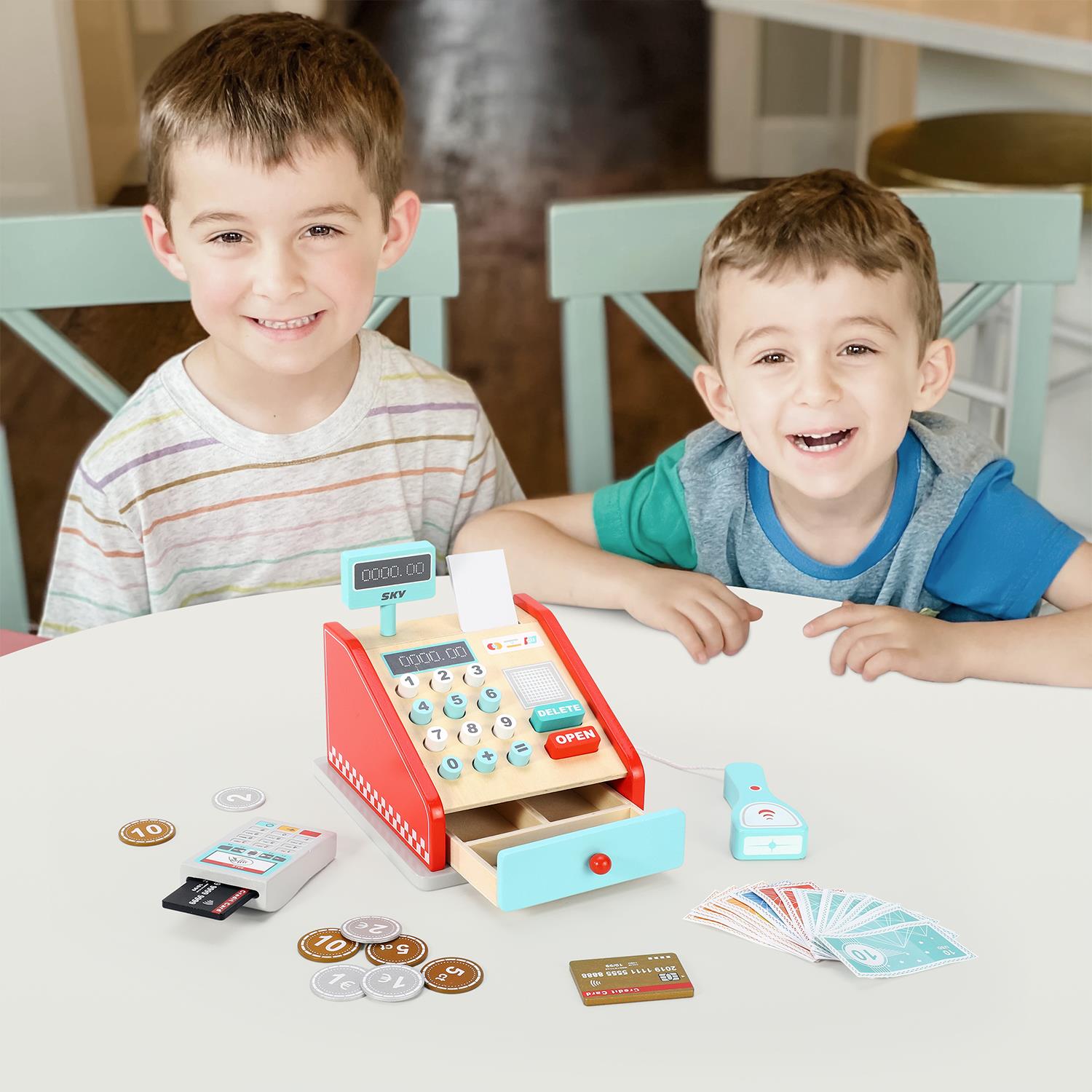 SOKA Play Imagine Learn Wooden Cash Register Playset, Red and Mint