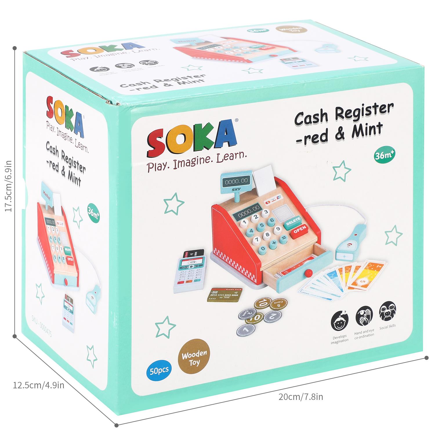 SOKA Play Imagine Learn Wooden Cash Register Playset, Red and Mint