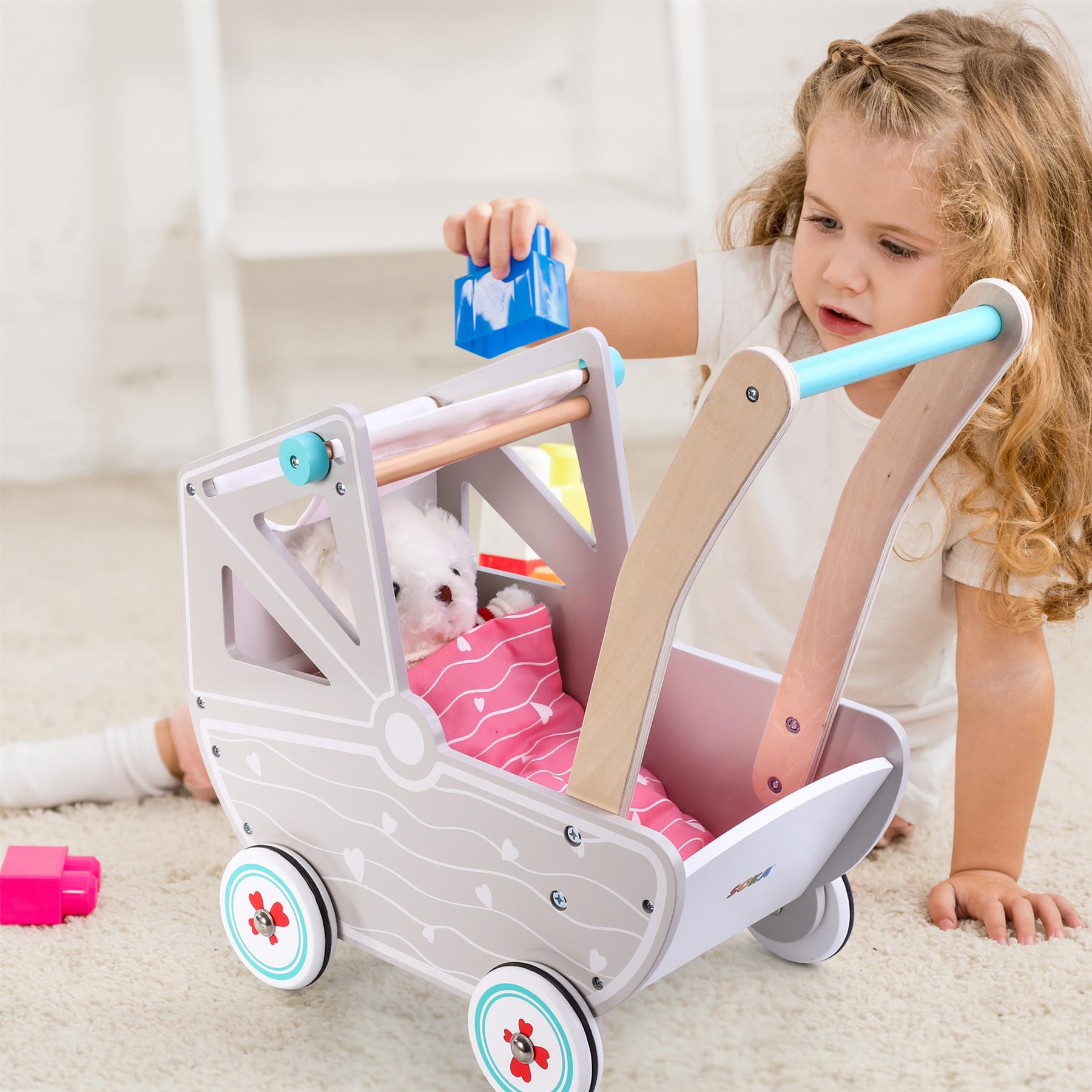 SOKA Wooden Doll Pram with Bedding