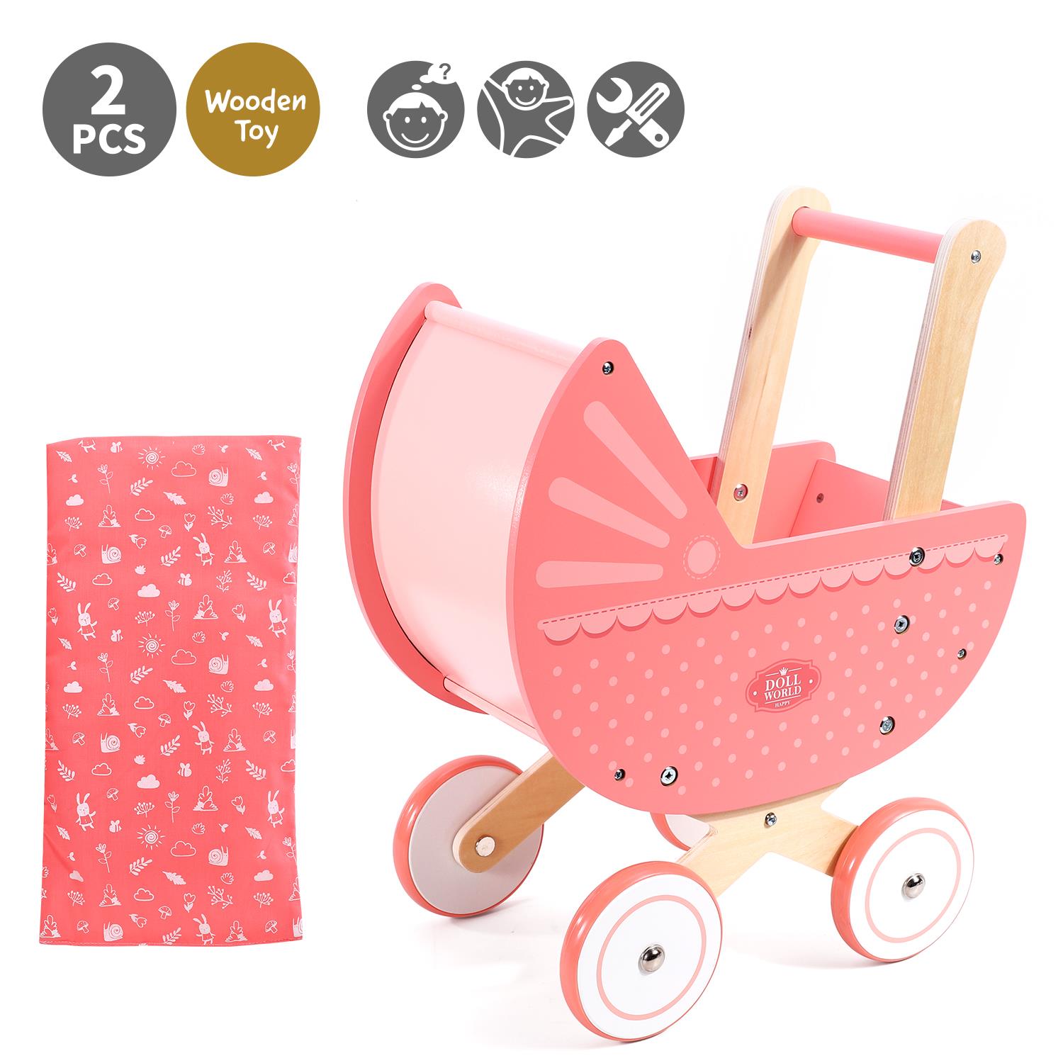 SOKA Wooden Pink Doll Pram with Bedding