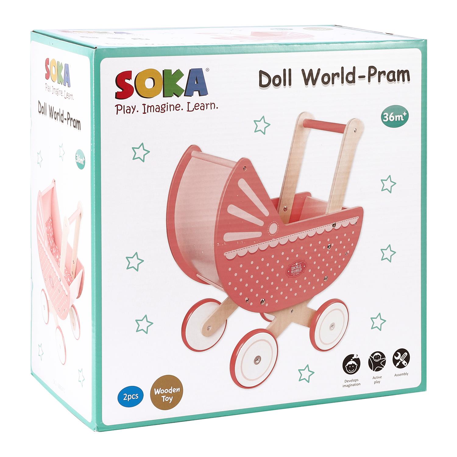 SOKA Wooden Pink Doll Pram with Bedding