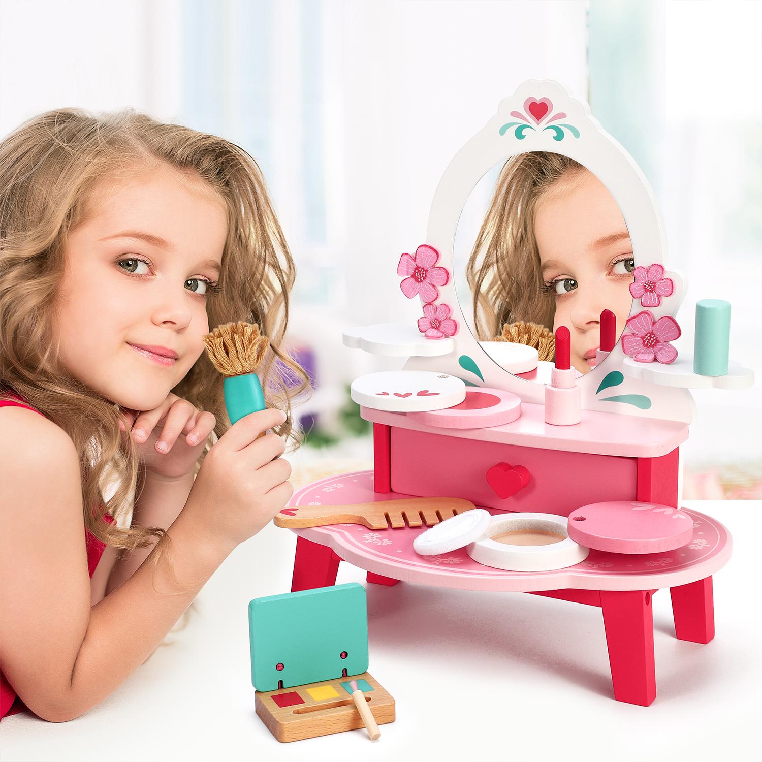 SOKA Wooden Dressing Table Top Vanity Mirror Beauty Set with Makeup Accessories
