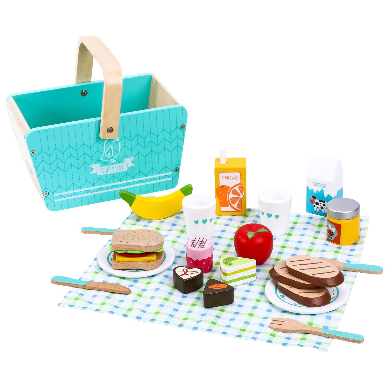 SOKA Happy Day Picnic Wooden Toy Picnic Basket Playset with Pretend Food, Tableware and Picnic Blanket