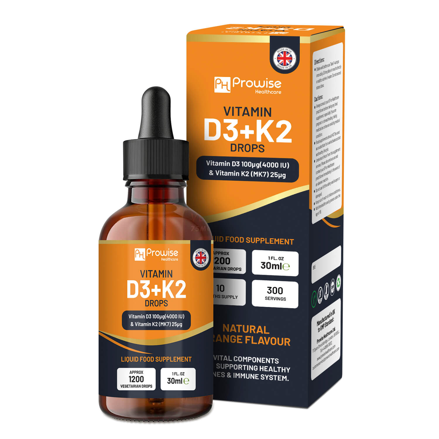 Prowise Healthcare Vitamin D3 4000IU + K2 MK7 Orange Liquid Drops 30ml