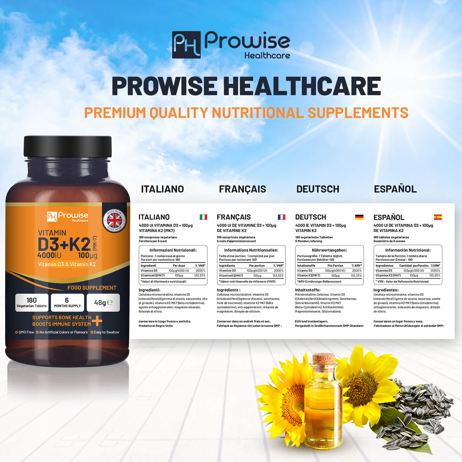 Prowise Healthcare Vitamin D3 4000IU + K2 MK7 100µg, 180 Vegetarian Tablets