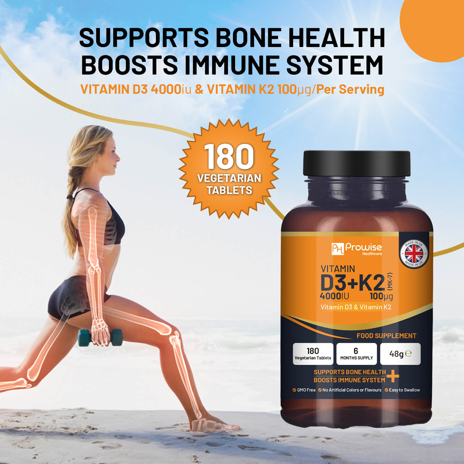Prowise Healthcare Vitamin D3 4000IU + K2 MK7 100µg, 180 Vegetarian Tablets