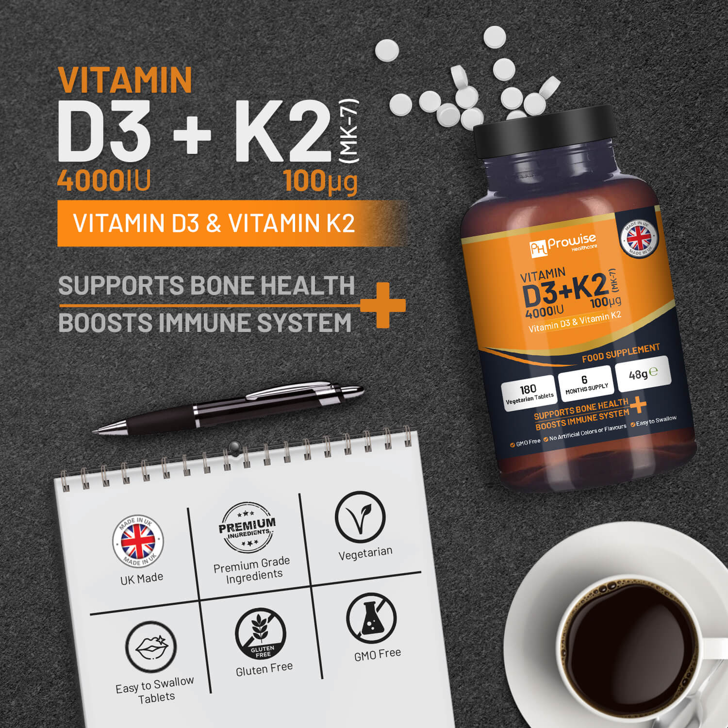 Prowise Healthcare Vitamin D3 4000IU + K2 MK7 100µg, 180 Vegetarian Tablets